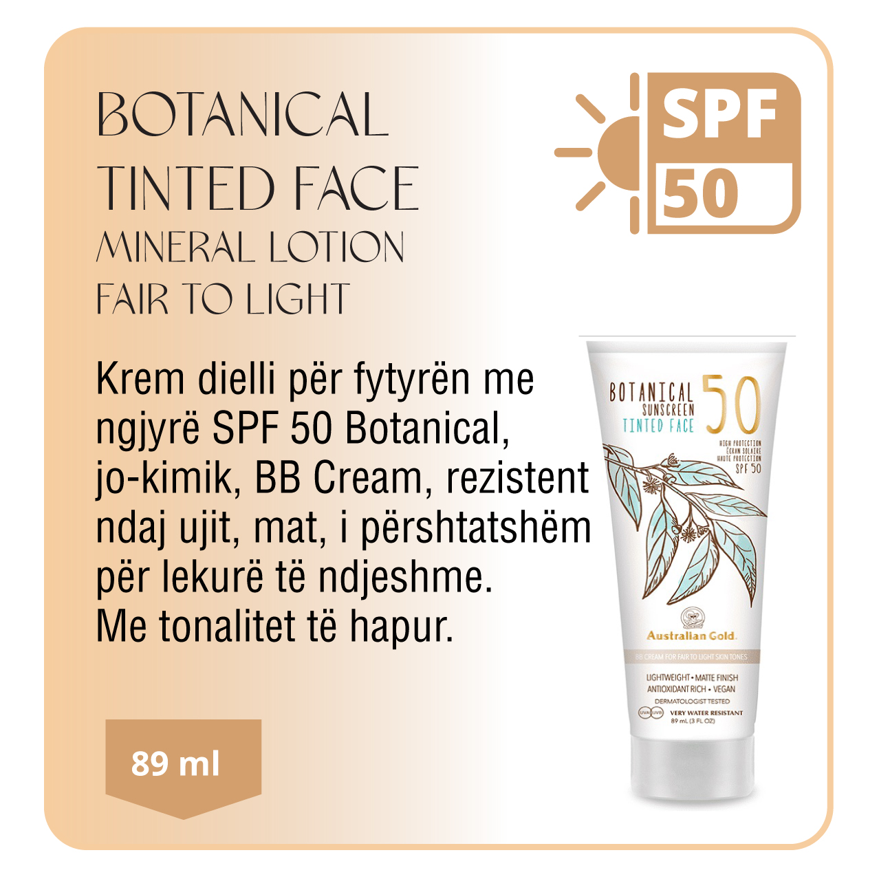 AUSTRALIAN GOLD BOTANICAL SPF50 TINTED FACE MINERAL LOTION - FAIR TO LIGHT 89 ML